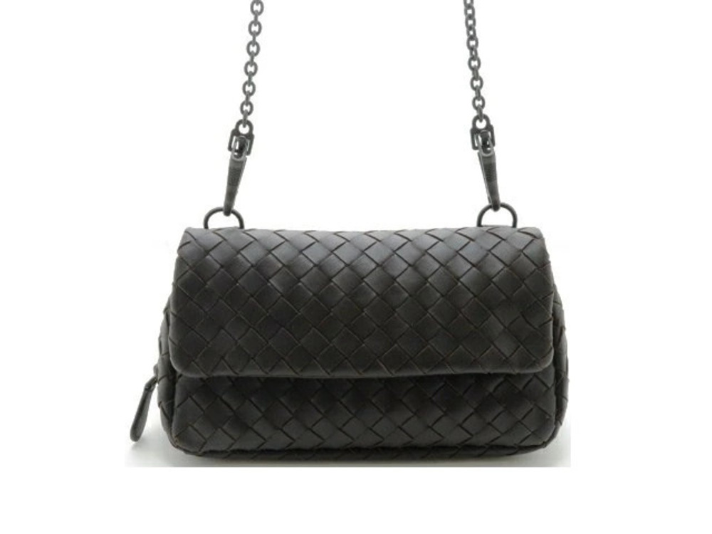BOTTEGA VENETA Chain Shoulder Bag Intrecciato Calfskin Dark Brown